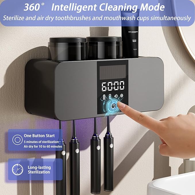 Toothbrush Holders for Bathrooms,LED Smart Screen Bathroom Accessories,Cleaning and Air Drying and Timer Function,Solar Rechargeable Cordless 2 Cups Electric Toothbrush Holder (Grey)
