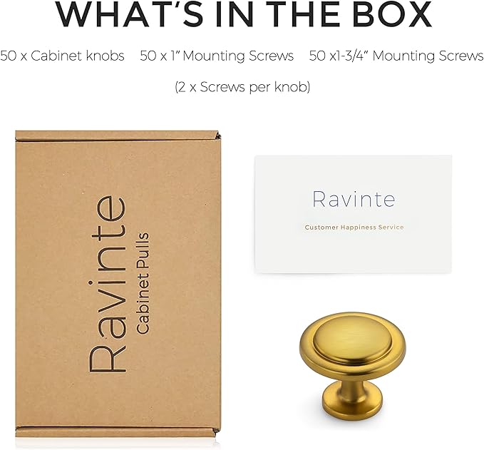 Ravinte 50 Pack 1-1/4 Inch Kitchen Cabinet Knobs - Brushed Brass Zinc Drawer Pulls and Door Handles for Dressers