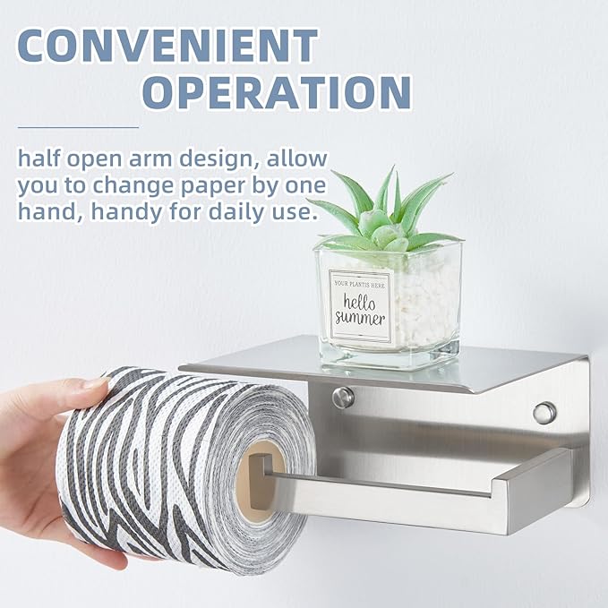APLusee Brushed Nickel Toilet Paper Holder with Shelf, Left Side 304 Stainless Steel Tissue Roll Hanger, Wall Mounted