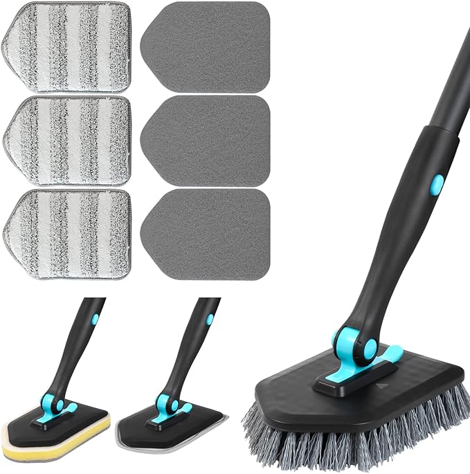 3 in 1 Scrub Cleaning Brush with Long Handle 51'' - Shower Bathtub Tub & Tile Scrubber Brush Include 1 Stiff Brush Head & 3 Scouring Pads & 3 Microfiber Clothes, for Wall Bathroom Glass Bathtub(Black)