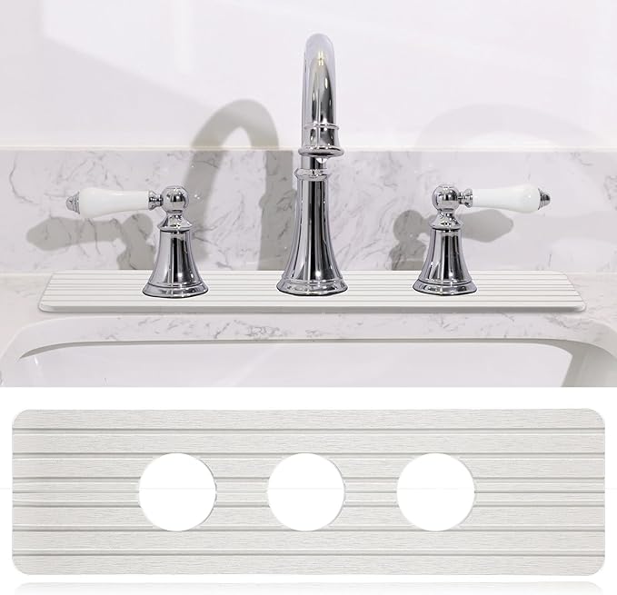 3 Hole White Faucet Mat for Kitchen Sink 16.1" x 5" Kitchen Faucet Absorbent Mat Diatomite Splash Guard for Sink Quick Drying Stone Drip Catcher for Bathroom Counter