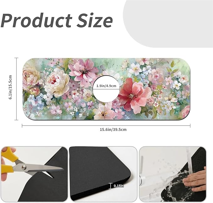 Kitchen Sink Splash Guard，soft-watercolor floral Faucet Mat Sink Gadgets-Super Absorbent Fast Drying Mat Drip Catcher for Kitchen, Bathroom,Sink Mat, Dish Drying Mat, Bathroom(15" X 5.5" )