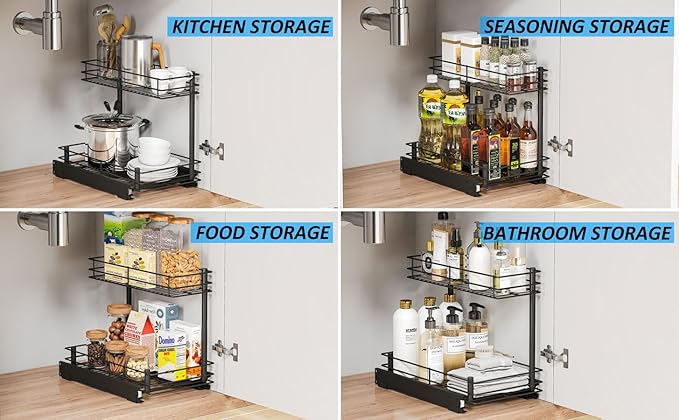HANKEY Pull Out Cabinet Organizer Under Sink 2-Tier Slide out Shelves and Storage for Kitchen Bathroom Pantry Organization Sliding Pull-out Home Organizers,Metal,Black