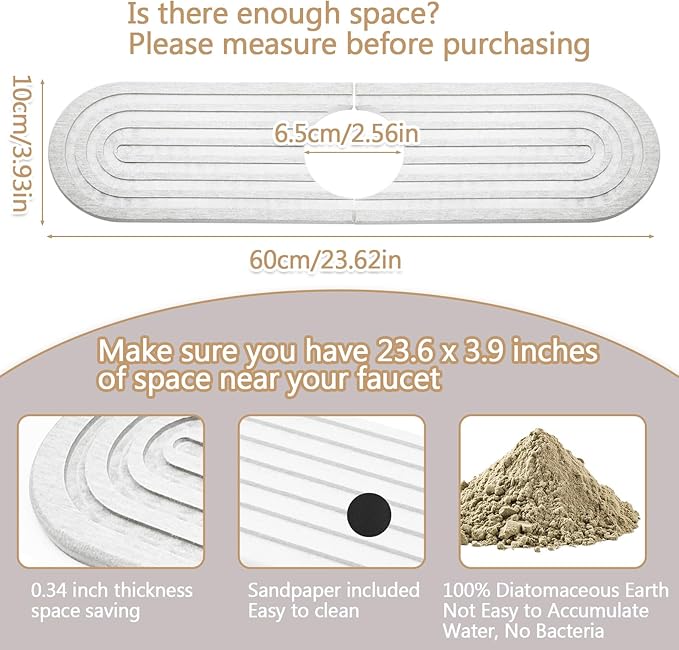 Stone Fucet Mat for Kitchen Sink, Fast Drying Stone Sink Tray Kitchen Faucet Splash Guard Sink Faucet Absorbent Mat for Bathroom Fucet(23.6" x 3.9",White)