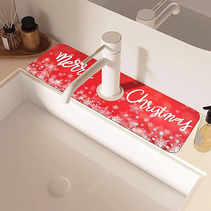 Merry Christmas Snowflake Kitchen Sink Splash Guard Mat Absorbent Fast Drying Mat Faucet Draining Mat Sink Splash Guard Behind Faucet Drip Catcher for Kitchen Bathroom 5.5"×15"