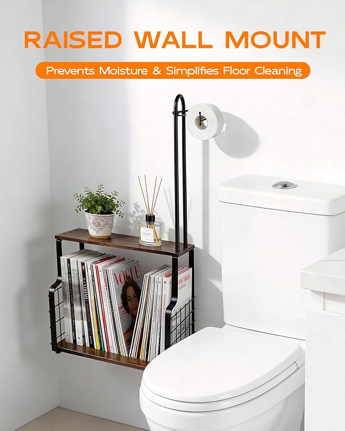 Bathroom Toilet Paper Holder with Storage Shelf, Wall Mount Toilet Paper Holder Stand with Metal Basket, Bathroom Tissue Storage Organizer for Rolls, Magazines， Phone & Shower Essentials