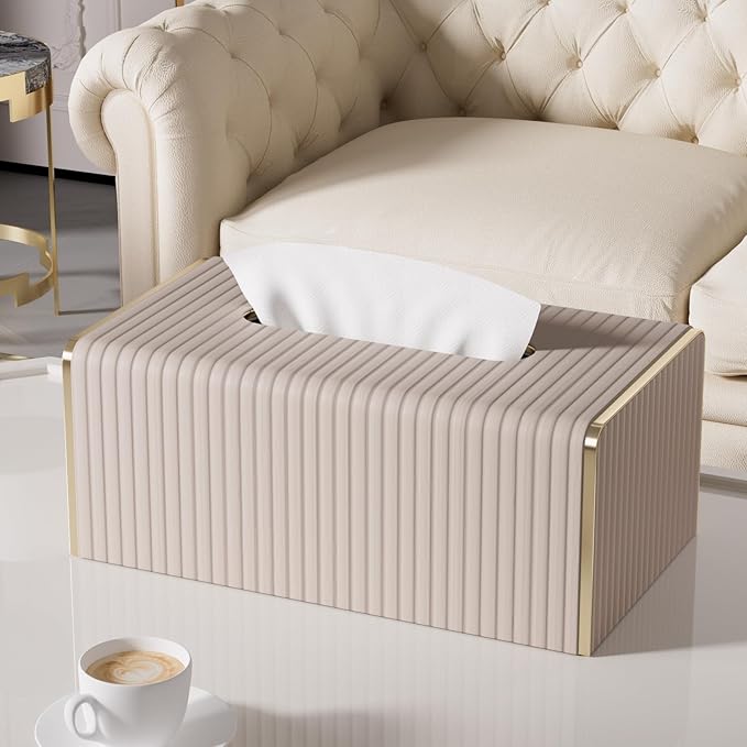Tissue Box Cover,Beige Rectangle Leather Tissue Box Holders with Gold-Tone Edging Accents,Decorative Tissue Covers for Bathroom Toilet Bedroom Living Room Table Desk Office Car