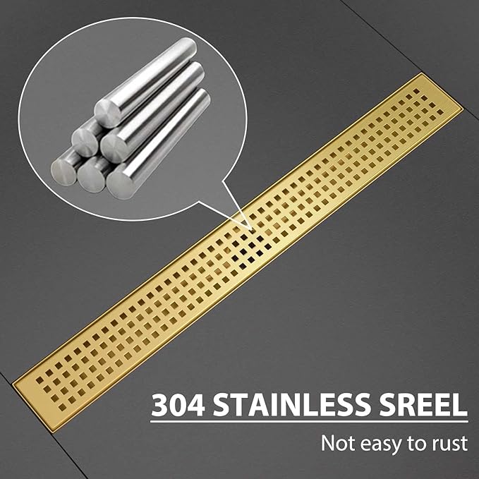 SaniteModar Linear Shower Drain, Shower Drain Gold 36 inch with Removable Grate,Brushed 304 Stainless Steel Shower Drain Include Hair Strainer,Adjustable Leveling Feet