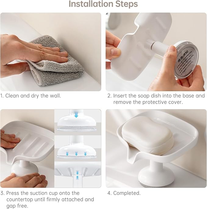 Self-Draining Soap Dish with Suction Cup, Stand Bar Soap Holder, No Drill Removable Sponge Tray for Shower, Bathroom, Kitchen Sink, Easy to Clean & Keeps Dry, White