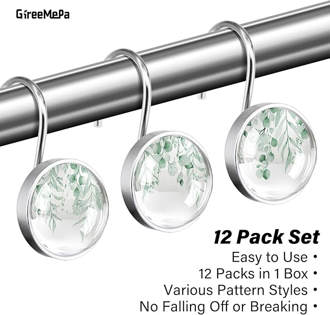 12 Pcs Mint Green Eucalyptus Decorative Shower Curtain Hooks - Rustic Stainless Steel Round Resin Shower Rings Hangers for Bathroom Rods Decor
