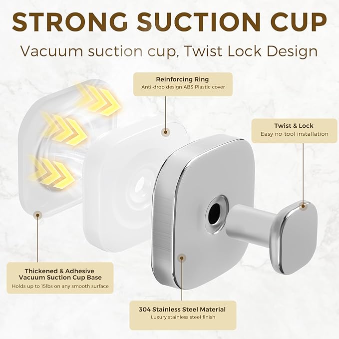 Suction Cup Hooks for Shower, No-Drill Towel Hooks for Bathrooms, Kitchen, Glass Door, Mirror, Tile, Shower Suction Hooks for Hanging Towels, Robe, Loofah, Christmas Wreath (Chrome, 4 Pack)