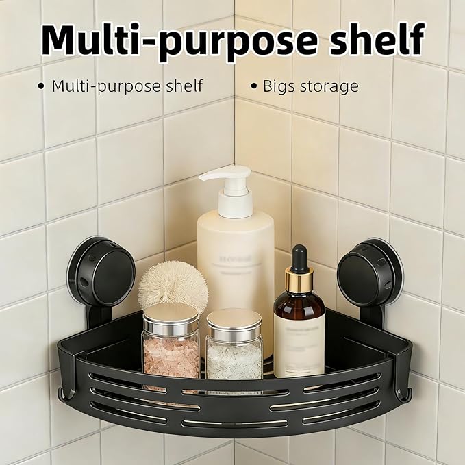2026 New Triangle Suction Cup Corner Shower Shelf - No Drilling Bathroom Storage Rack with Towel Bar, Adhesive Organizer for Corners, Black, 3-Layer Design