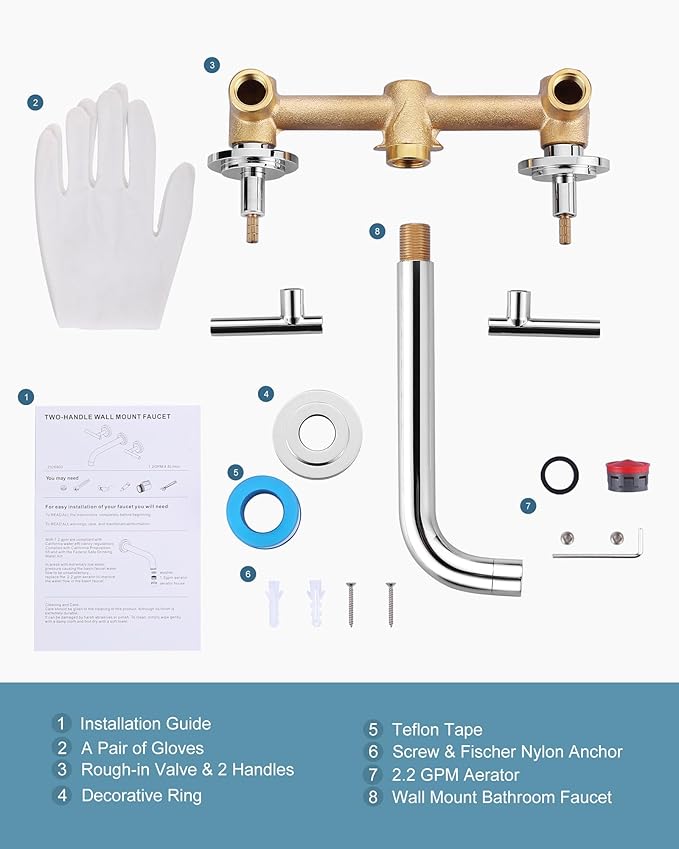 WOWOW Wall Mount Bathroom Faucet:Chrome Wall Faucet High Flow Two Handles Stainless Steels,Long Spout Reach,Widespread Bathroom Sink Faucet with Rough-in Valve 3 Holes Elegant Classic Spout