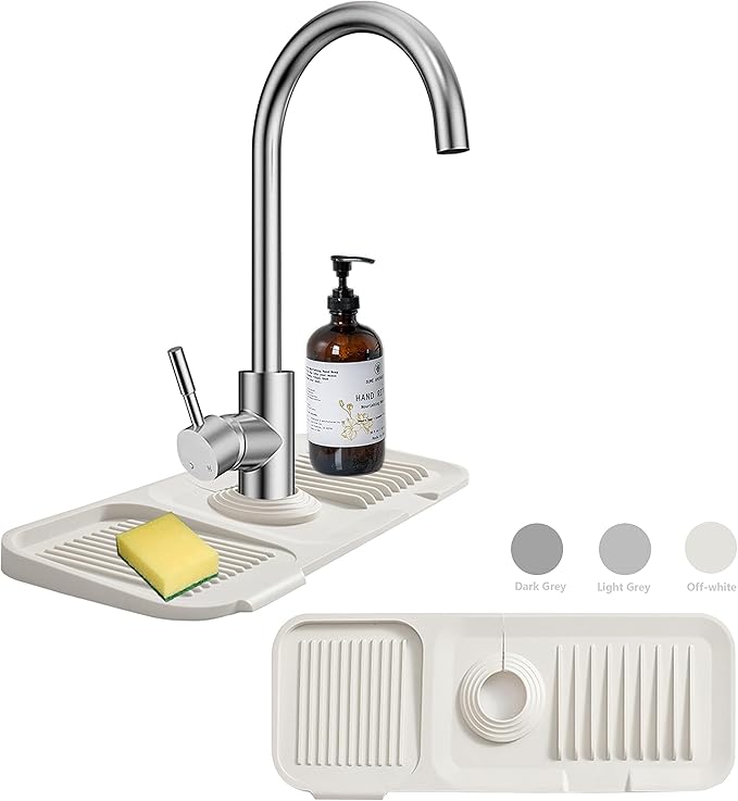 Kitchen Sink Splash Guard Sponge Holder for Kitchen Sink Silicone Faucet Handle Drip Catcher Tray Sink Protector for Kitchen Sink Faucet Mat Fits the Faucet Tube within 2.5"(Off-white, 14.6'')