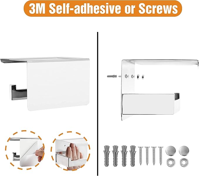 HITSLAM Toilet Paper Holder with Shelf, Stick on Chrome Tissue Roll Holder Self Adhesive or Wall-Mount with Storage Shelf for Bathroom