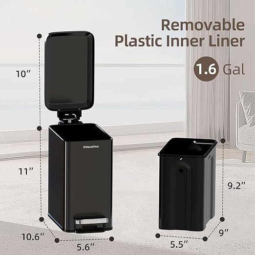 Small Bathroom Trash Can with Lid Soft Close, 6 Liter/1.6 Gallon Stainless Steel Dorm Trash Can with Removable Inner Bucket, Slim Garbage Can for Office, Bedroom, Toilet, Live Room, Black