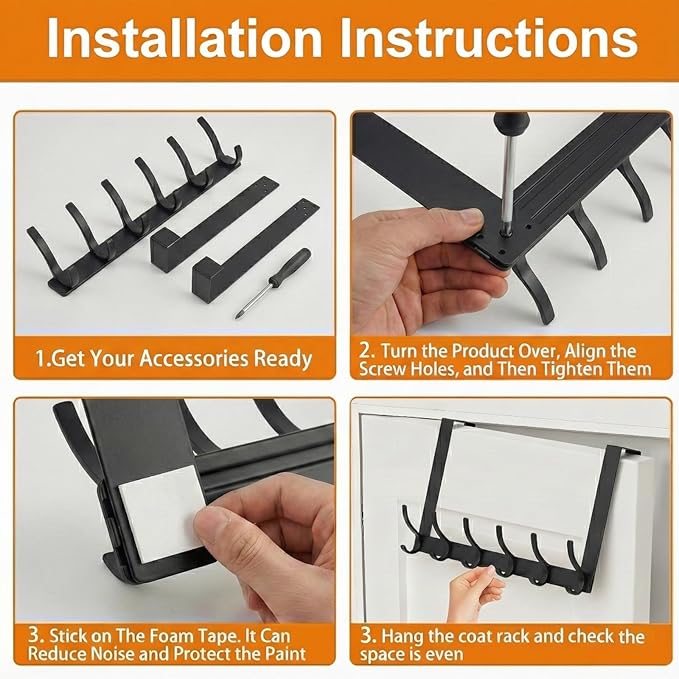 2 Pack Large Over The Door Hooks, Sturdy Door Hanger with 12 Hooks, Door Towel Rack for Bathroom, Bedroom, Kitchen, Coat Rack for Hanging, Easy to Install (Black)