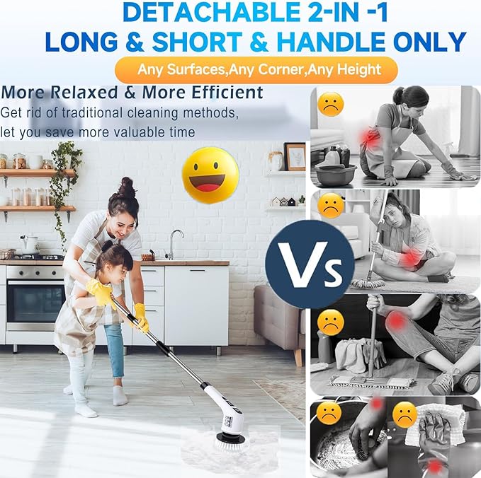 Electric Spin Scrubber,Cordless Cleaning Brush Set 3-in-1 Adjustable Detachable Exten Handle,2 Speeds,Handheld Shower Scrubber & 9 Replaceable Brush Head,2024 New Power Dirt Brush for Kitchen,Bathroom