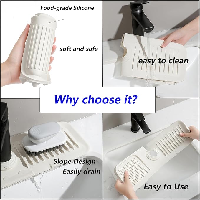 Kitchen Sink Splash Guard Silicone Drip Catcher Tray Sink Protector - Sponge Holder Fits Faucet Tube within 2.5" (Off-white, 24'')