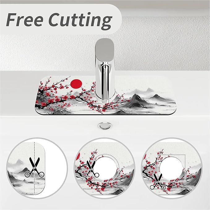 Kitchen Sink Splash Guard，Red plum blossoms Faucet Mat Sink Gadgets-Super Absorbent Fast Drying Mat Drip Catcher for Kitchen, Bathroom,Sink Mat, Dish Drying Mat, Bathroom(15" X 5.5" )