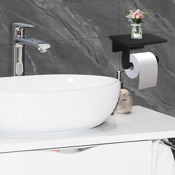 Toilet Paper Holder with Marble Shelf for Bathroom Washroom,Wall Mounted Tissue Holder Suitable for Mega Roll (Small 6.7 * 4.3 in, Black)