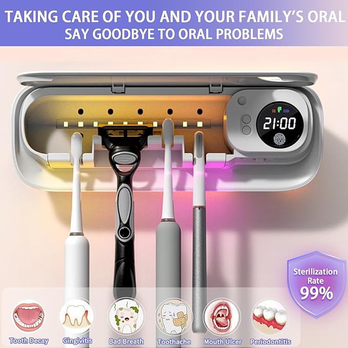 Toothbrush Holder for Bathroom, Smart Toothbrush Holder with Cleaning/Drying/Timing, 5 Toothbrush Slots Wall Mounted Toothbrush Holders with Night Light, Cleaning Case with Replaceable Slot (White)