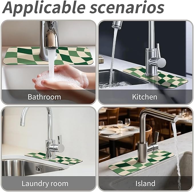 Kitchen Sink Splash Guard，Green-and cream checkered Faucet Mat Sink Gadgets-Super Absorbent Fast Drying Mat Drip Catcher for Kitchen, Bathroom,Sink Mat, Dish Drying Mat, Bathroom(15" X 5.5" )