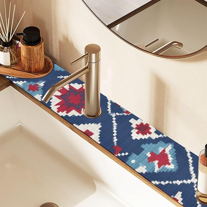Kitchen Sink Splash Guard 2 PCS 30 Inch Sink Faucet Mat Splash Guard for Bathroom Countertop Water Absorbent Foldable Cuttable Soft Washable Vintage Blue Floral Patriotic