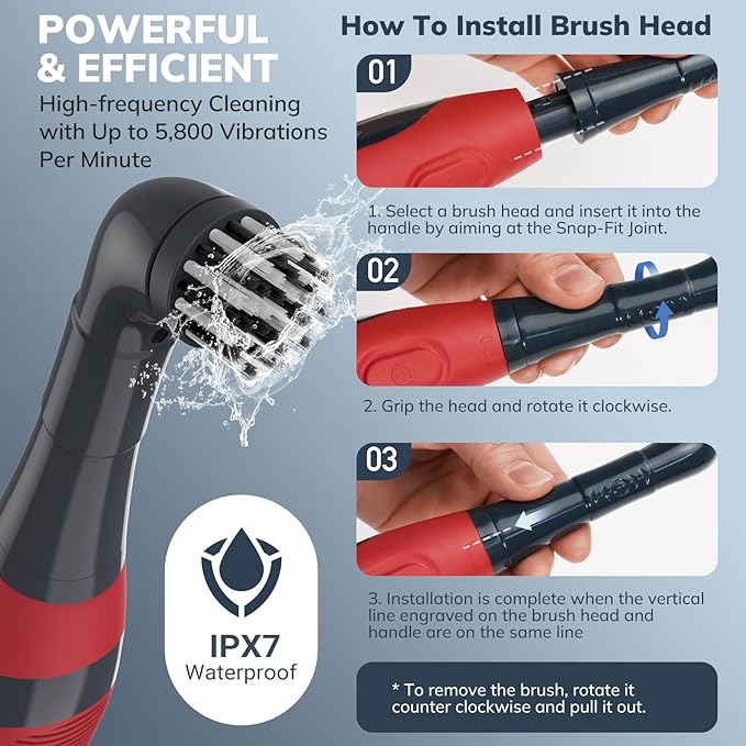LifeBasis Cordless Electric Cleaning Brush, Mini Power Scrubber for Cleaning Waterproof Grout with 2 Brush Heads for Bathroom Kitchen Tile Crevice Corner - Red (Batteries Included)