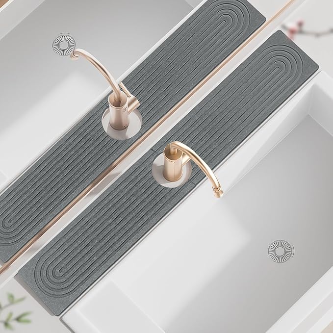 Faucet Mat for Kitchen Sink, Super Absorbent Diatomite Fast Drying Stone, Sink Splash Guard and Bathroom Stone Tray, Stone Drying Mat for Counter (Dark Grey, 23.7" x 4")