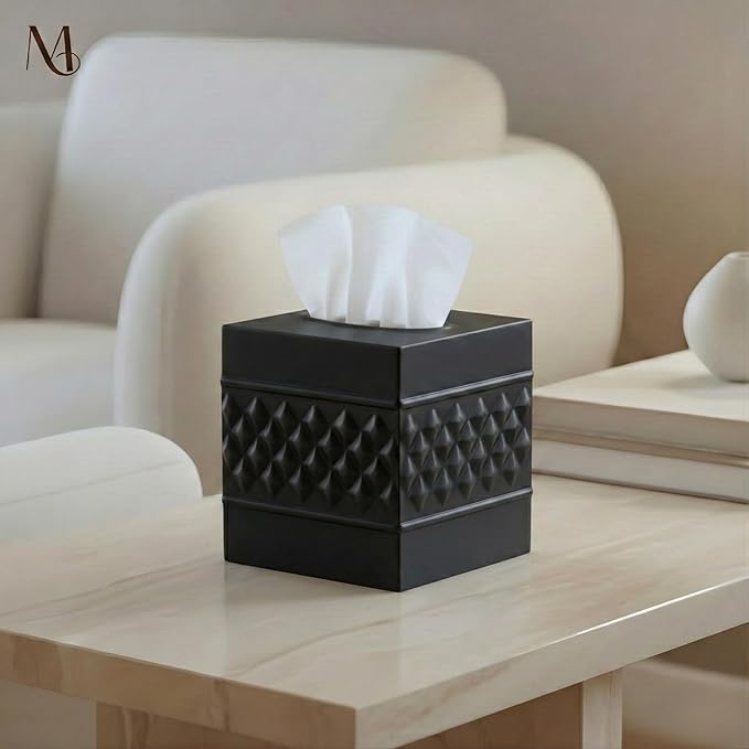 Monarch Abode Tissue Box Cover Square – Handcrafted Geo Embossed Black Metal Tissue Holder Box for Bathroom Accessory, Aesthetic Decorative Facial Napkin Cube for Modern Home Decor