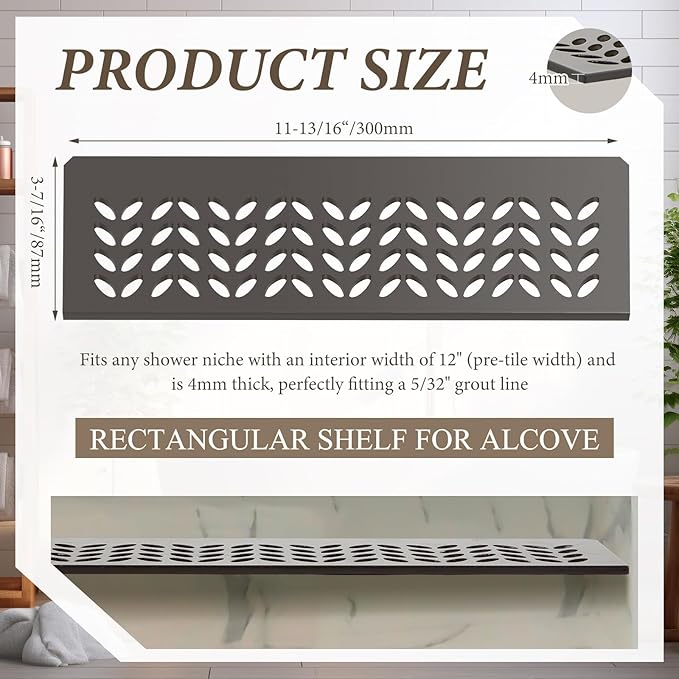 1 Pcs Aluminum Shower Niche Rectangular Shelf Bronze 5/32"/ 4 mm Thick, Petal Design, Matte Bronze Finish for 12" Prefabricated Niches, Fits 5/32" Grout Line