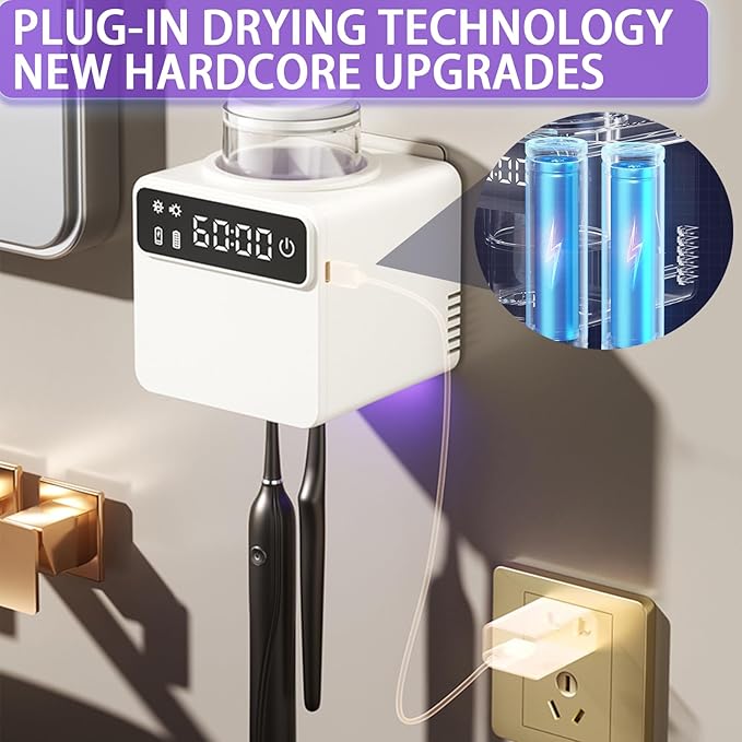Smart Electric Toothbrush Holder with Cleaning and Hot Air Drying,LED Screen,Toothbrush Holders for Bathrooms,Wall Mounted Toothbrush Holder with 2 Toothbrush Slots for Home, Travel (Black)