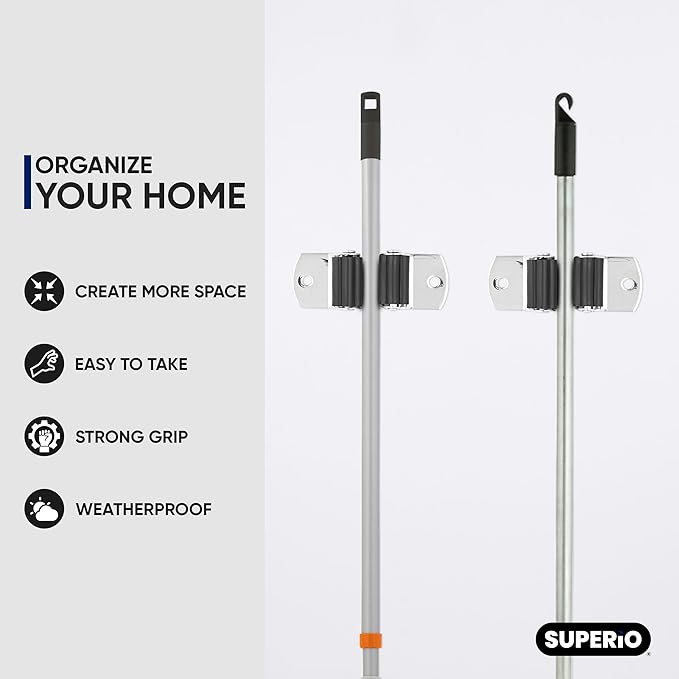 Superio Mop and Broom Holder, Set of 8 Single Piece Hooks, Stainless Steel Wall Mount Cleaning Storage Tool Organizer, Heavy-Duty Hook for Kitchen, Closet Garage, and Office