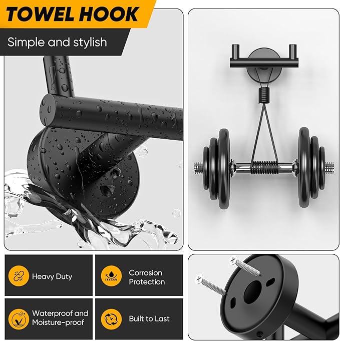 Towel Hooks for Bathrooms,Towel Hanger,Heavy Duty Wall Hook for Kitchen Bathroom,Robe Hook, Black Towel Holder Hooks for Hanging Towels,Coats,Bathrobe,Clothes,Loofah-Black(2 Pack)