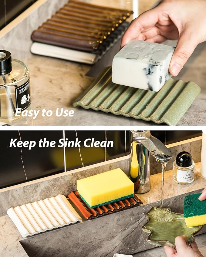 Soap Dish, Ceramic Soap Holder Bar Soap Saver Non-Slip Bathroom Accessories for Sponges, Scrubber, Razor, Green