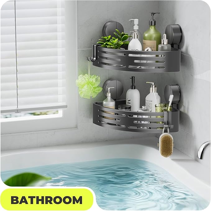 BREIS Corner Shower Caddy Suction Cup, No Drill Corner Shower Shelves, Rustproof Bathroom Shower Organizer Storage Rack, Suction Cup Shower Organizer with Hooks, Large Capacity Bathroom Shelves