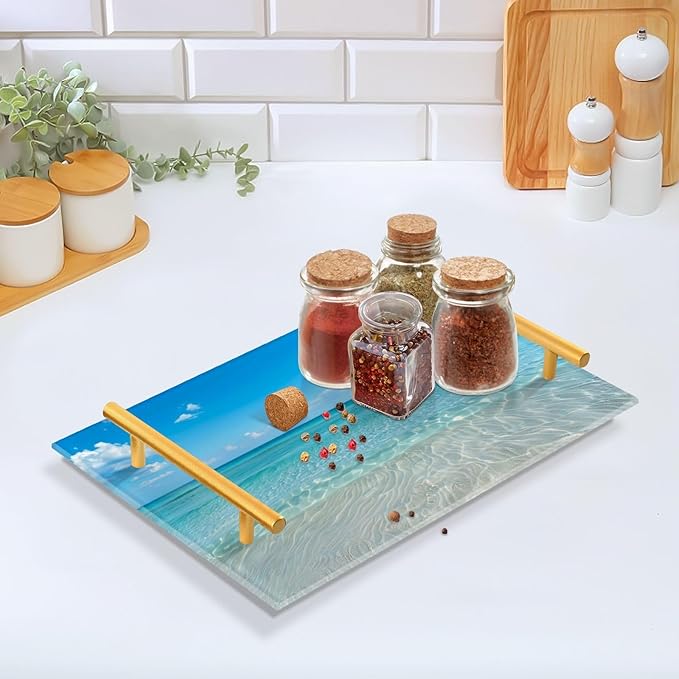 Blue Ocean Vanity Tray Acrylic Bathroom Countertop Tray Ocean Decorative for Kitchen Desk Organizer Makeup Storage Tray