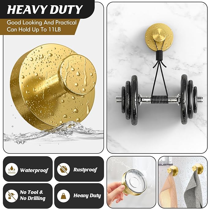 Suction Cup Hooks,No Drill Shower Hooks for Inside Shower,Heavy Duty Towel Hooks for Wall,Bathroom,Kitchen,Glass,Mirror,Tile to Hang Towels,Loofah-Gold(2 Pack)