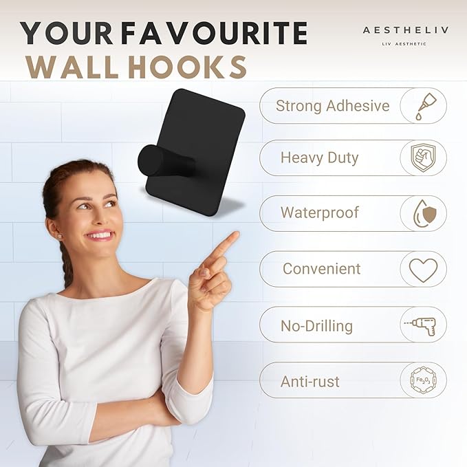 Adhesive Hooks for Hanging - 4 PCs, Towels Hooks for Bathroom, Sticky Hooks for Walls No Damage, Adhesive Hook for Outside, Kitchen, Bathroom, Office (Hook 2)
