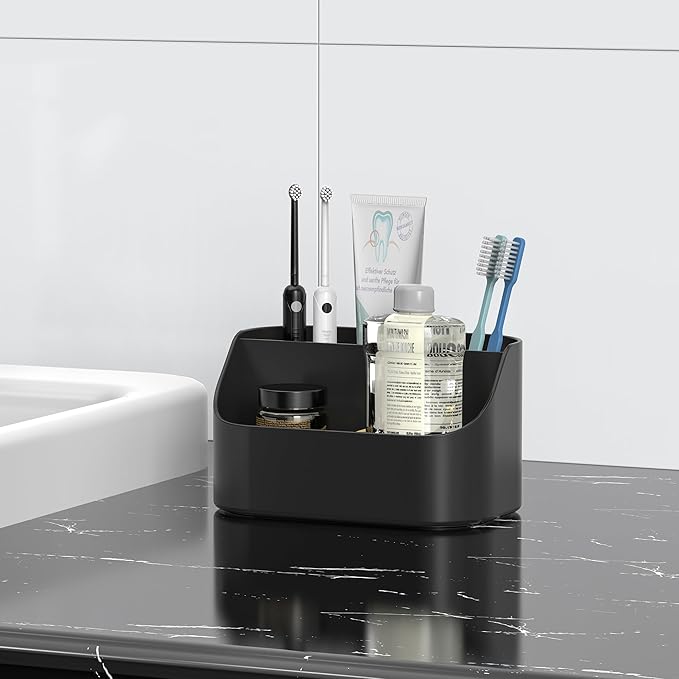 Mens Countertop Toothbrush Holders for Bathrooms, Plastic Toothpaste and Electric Tooth Brush Holder Storage Caddy Stand for Shower, 5 Slots Kids Bathroom Counter Organizer for Vanity, Black