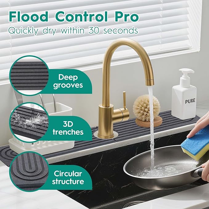 16 Inch Stone Faucet Mat for Kitchen Sink,Kitchen Sink Splash Guard-Water Absorbing Stone Tray for Sink,Super Absorbent, Diatomite Protector with Drainage for Kitchen Bathroom Counter(Dark Grey）