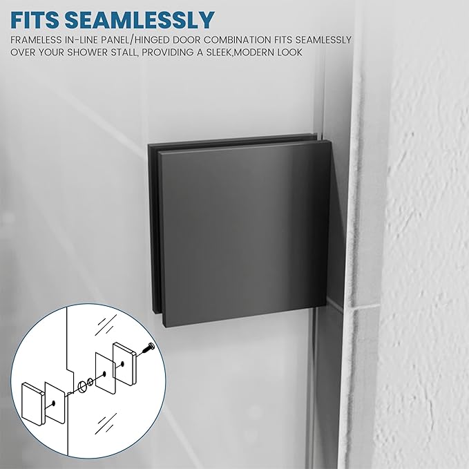 Bathroom Shower Glass Door 30 * 62" - 5/16"(8mm) Thick Clear Tempered Glass Panel, Fixed Hinged Framless Shower Glass Door with Bottom Seal, Matte Black