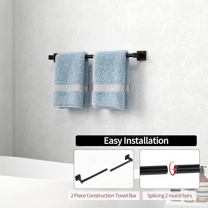 MKO Towel Bar for Bathroom, 24" Hand Towel Holder Rod with Metal, Black Towel Racks for Bathroom Hanger Wall Mounted for Home Essentials, 2 Pack