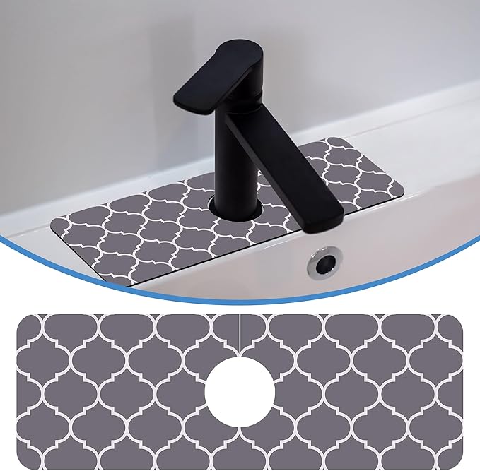 Faucet Mat for Kitchen Sink Stylish Grey Moroccan Art, Soft Diatom Mud Material, Strong Water Absorption, Non-slip, Easy to Clean for Bathroom, Kitchen 15"X5.5"