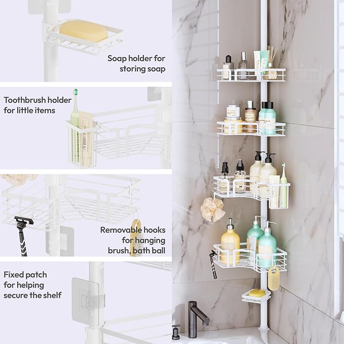 SWTYMIKI Shower Caddy Tension Pole - 4-Tier Corner Shower Organizer Tension Rod with Soap Holder, Toothbrush Holder & 4 Hooks, Adjustable Stainless Steel Bathroom Organizer 27.6 to 108.3 inch, White
