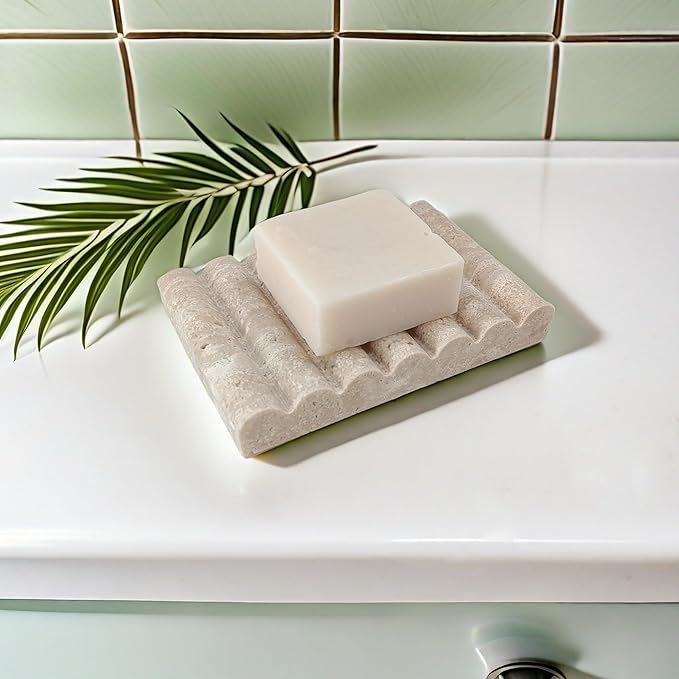 Travertine Soap Dish, Marble Self Draining Soap Holder, Sponge Holder for Bathroom, Sink, Kitchen, Jewelry Ring Dish (Beige)