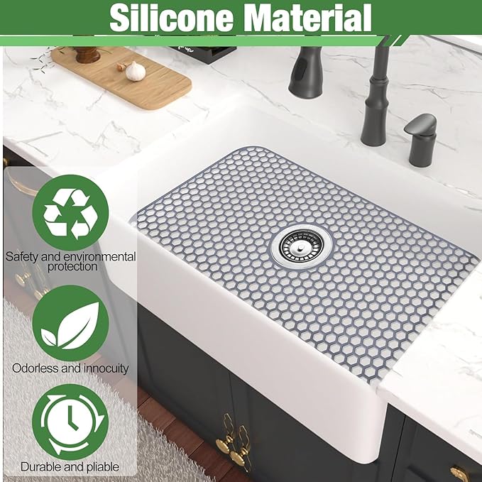 Sink Protectors Mat - 25.79"x13.98" Kitchen Sink Pad for Bottom of Basin for Protection of Stainless Steel and Tableware, Farmhouse Rubber Basin Mat Protector with Center Drain - Light Gray