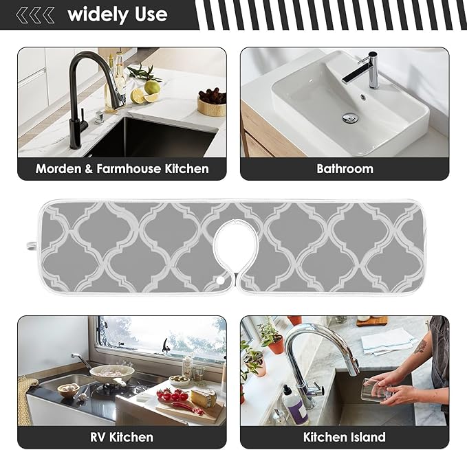 2 PCS Kitchen Sink Splash Guard 14.9 Inch Faucet Mat for Kitchen Sink Bathroom Sink Faucet Absorbing Drip Drain Mat Pad Microfiber Soft Washable Grey and Black Quatrefoil