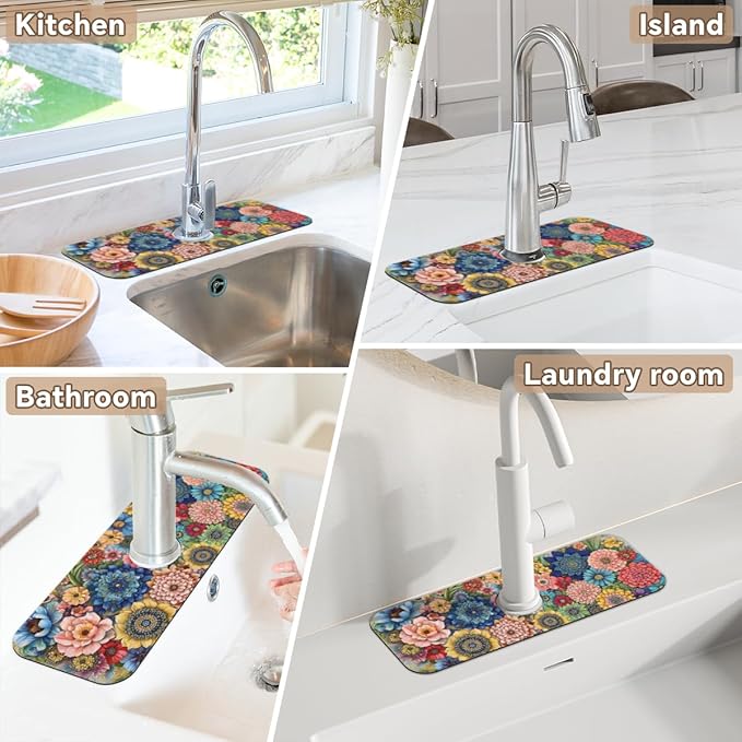 Kitchen Sink Splash Guard Faucet Mat Boho Flowers 2PCS Super Absorbent Fast Drying Faucet Guard & Draining Mat Sink Splash Guard Behind Faucet Drip Catcher for Kitchen Bathroom RV (15.4" X 5.7" )